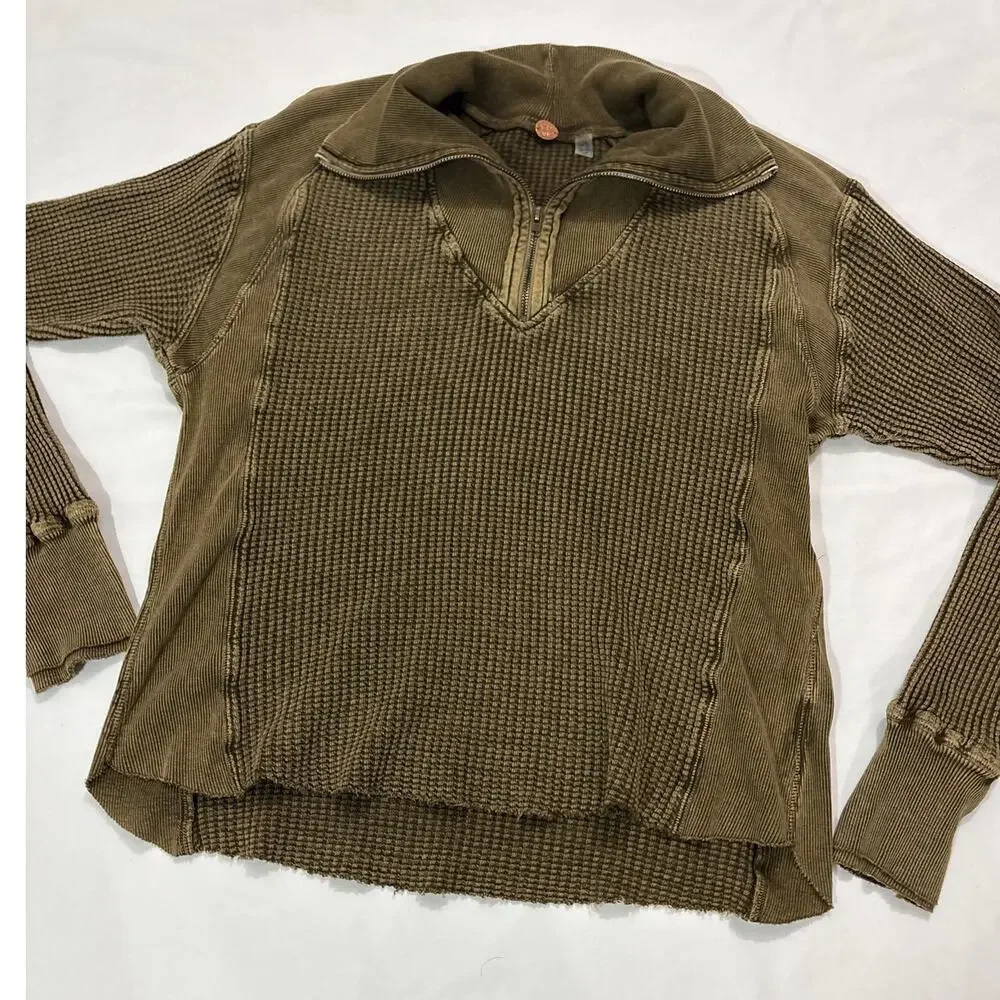 Free People Women’s XS Ashton Zip Thermal Pullover Green Minimalist Contemporary